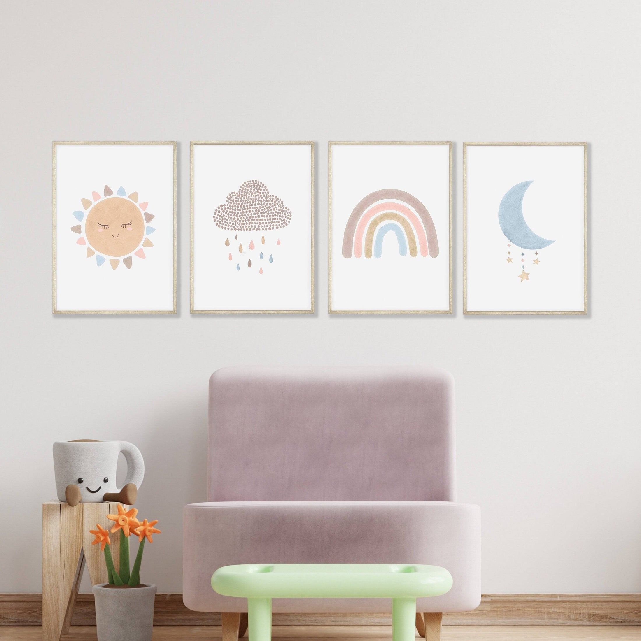 Boho Nursery Prints | Set of 4 Rainbow & Weather Art for Baby Girls' Bedroom - RoseRowanDesign