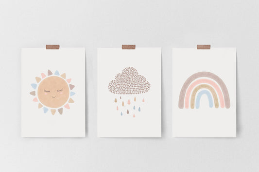 Boho Rainbow Nursery Prints | Set of 3 Sunshine & Cloud Wall Art - RoseRowanDesign