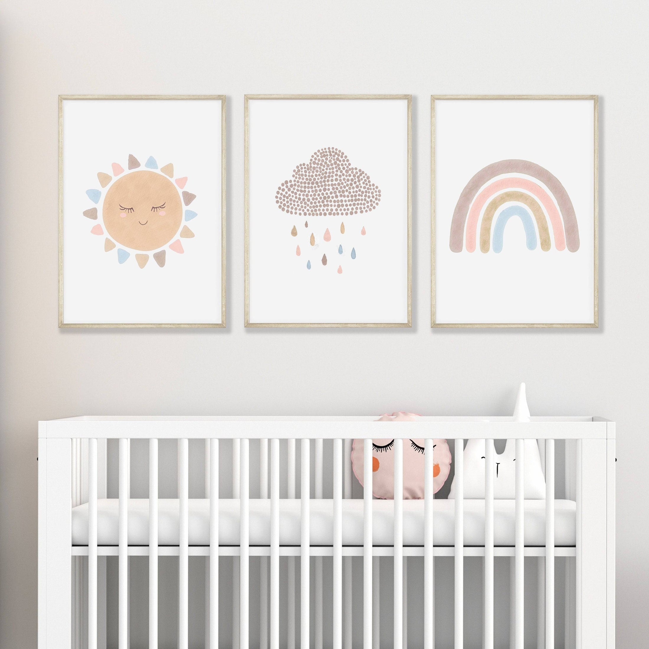 Boho Rainbow Nursery Prints | Set of 3 Sunshine & Cloud Wall Art - RoseRowanDesign