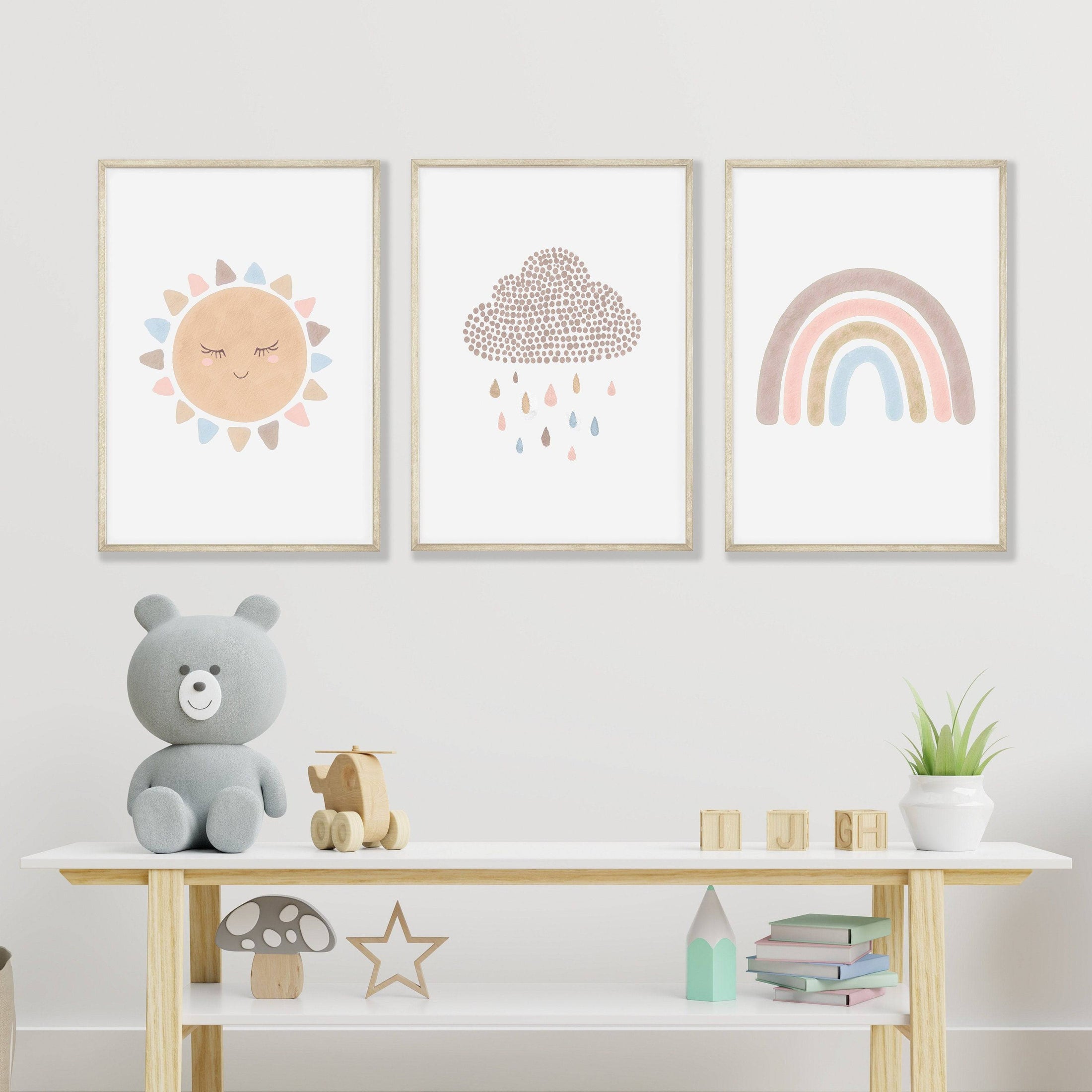 Boho Rainbow Nursery Prints | Set of 3 Sunshine & Cloud Wall Art - RoseRowanDesign