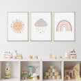 Load image into Gallery viewer, Boho Rainbow Nursery Prints | Set of 3 Sunshine & Cloud Wall Art - RoseRowanDesign
