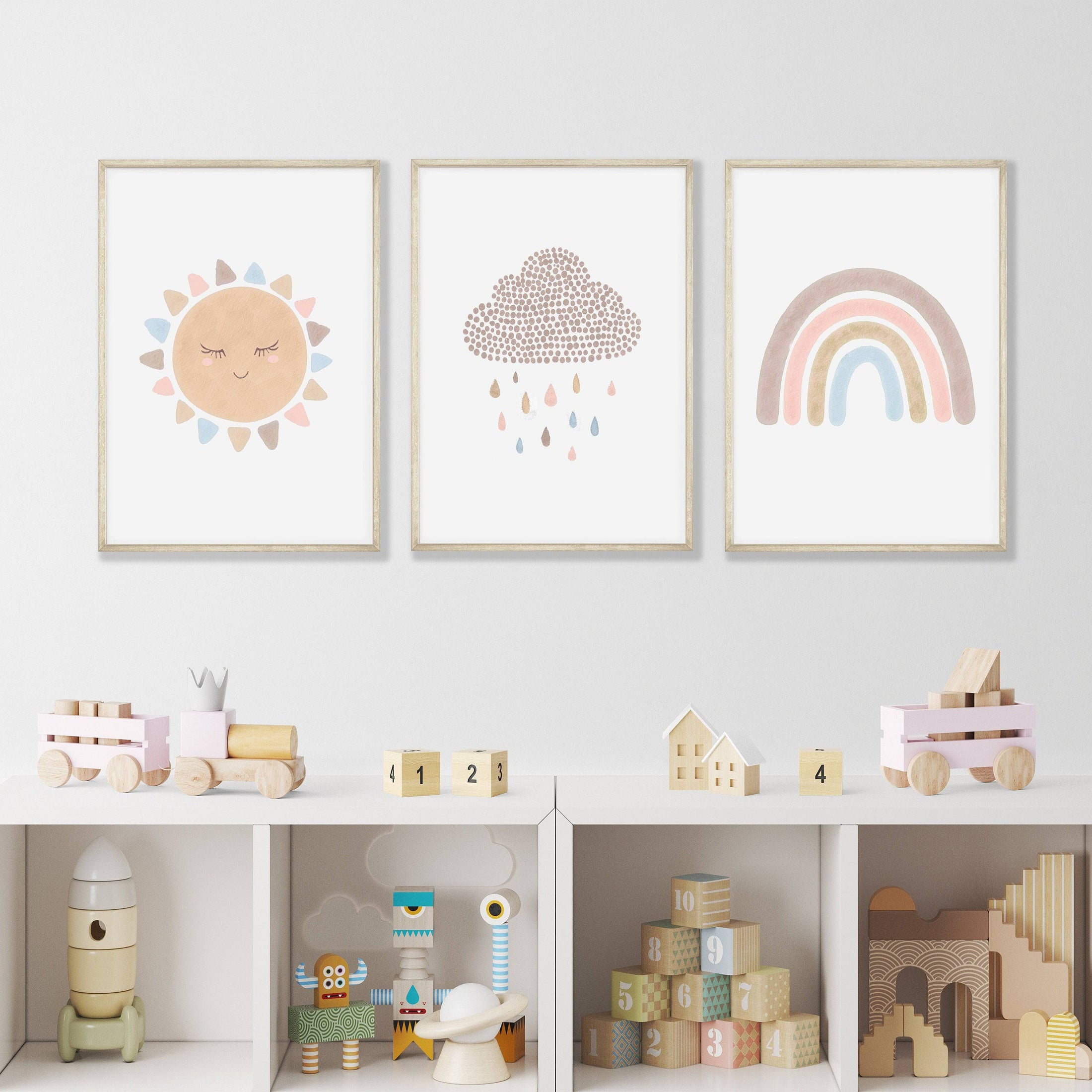 Boho Rainbow Nursery Prints | Set of 3 Sunshine & Cloud Wall Art - RoseRowanDesign