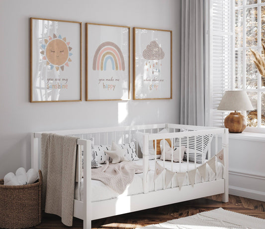 Boho Rainbow Nursery Prints | Set of 3 | You Are My Sunshine Art - RoseRowanDesign