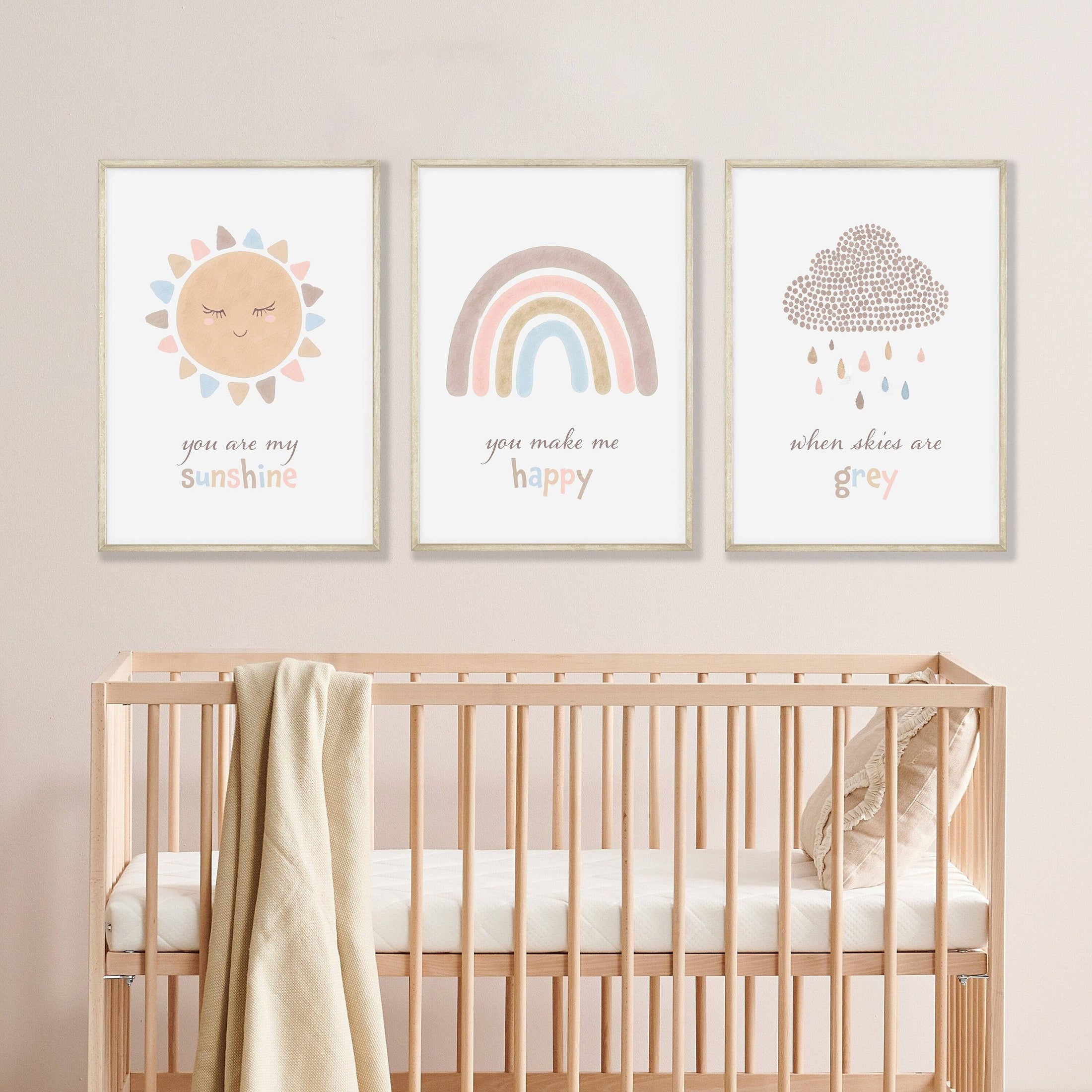 Boho Rainbow Nursery Prints | Set of 3 | You Are My Sunshine Art - RoseRowanDesign