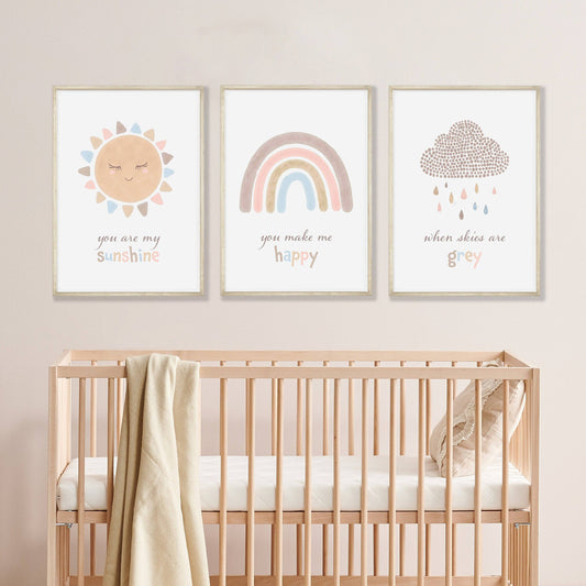 Boho Rainbow Nursery Prints | Set of 3 | You Are My Sunshine Art - RoseRowanDesign