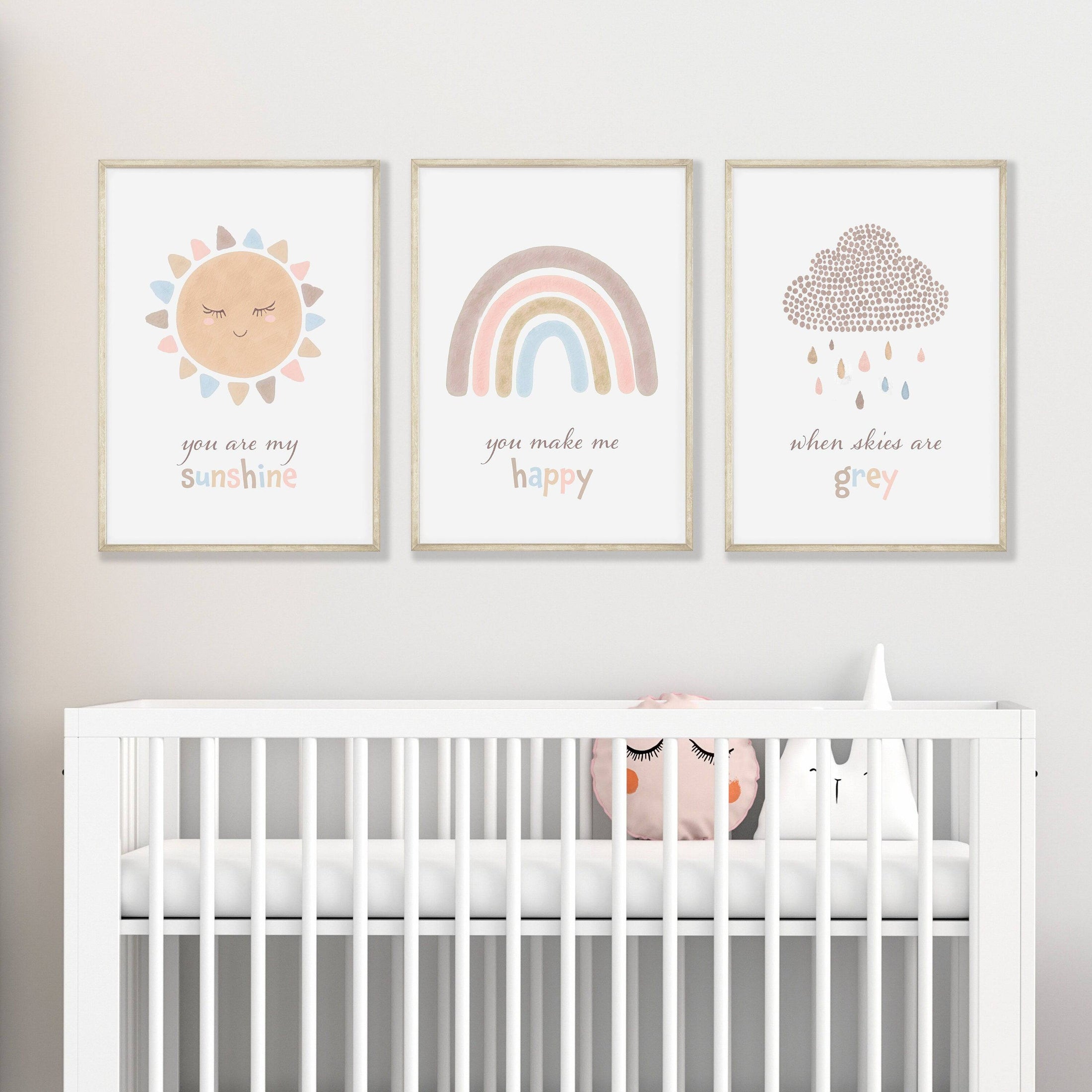 Boho Rainbow Nursery Prints | Set of 3 | You Are My Sunshine Art - RoseRowanDesign