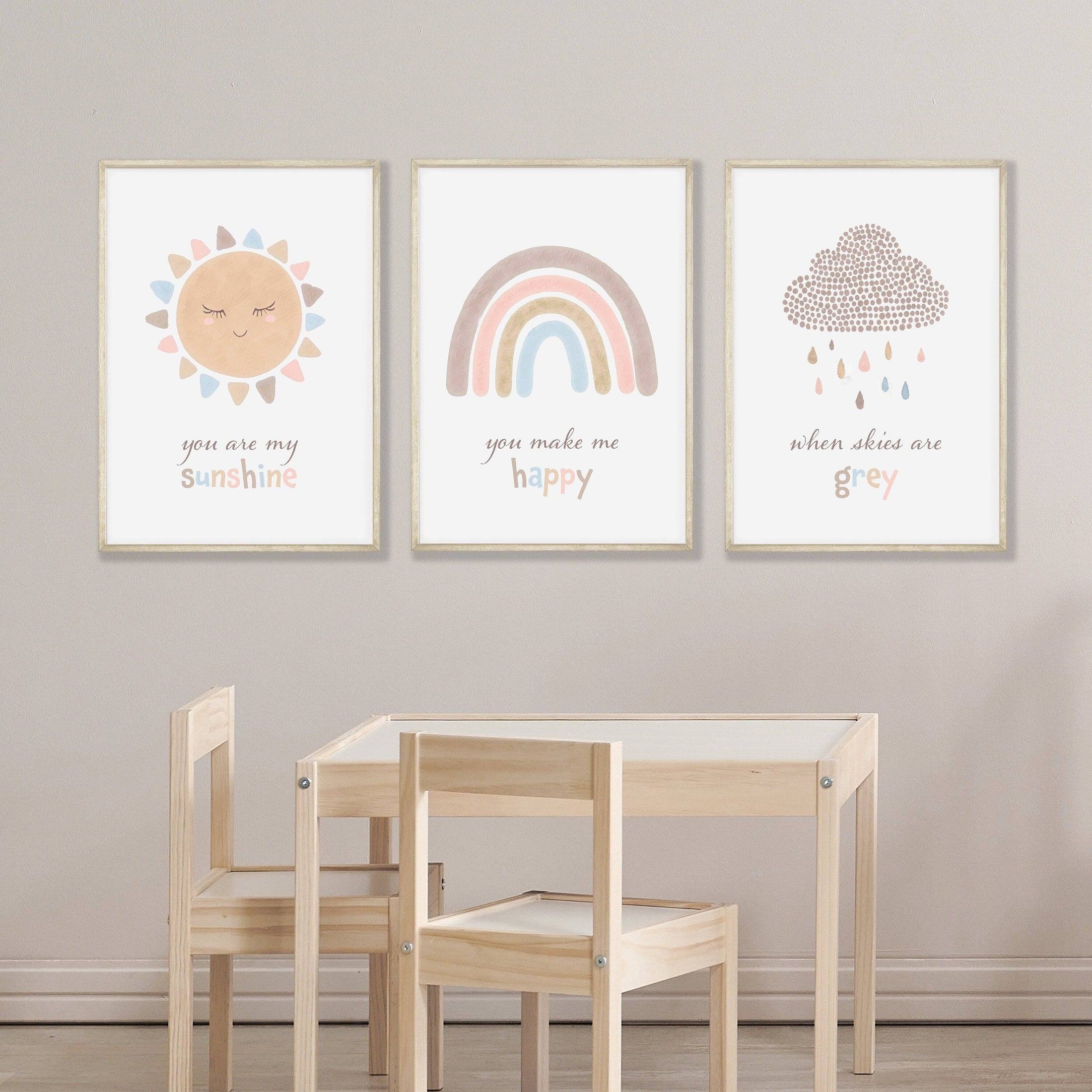 Boho Rainbow Nursery Prints | Set of 3 | You Are My Sunshine Art - RoseRowanDesign