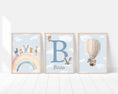 Load image into Gallery viewer, Personalised Safari Name Prints | Hot Air Balloon & Rainbow | Set of 3 Baby Boy Decor - RoseRowanDesign
