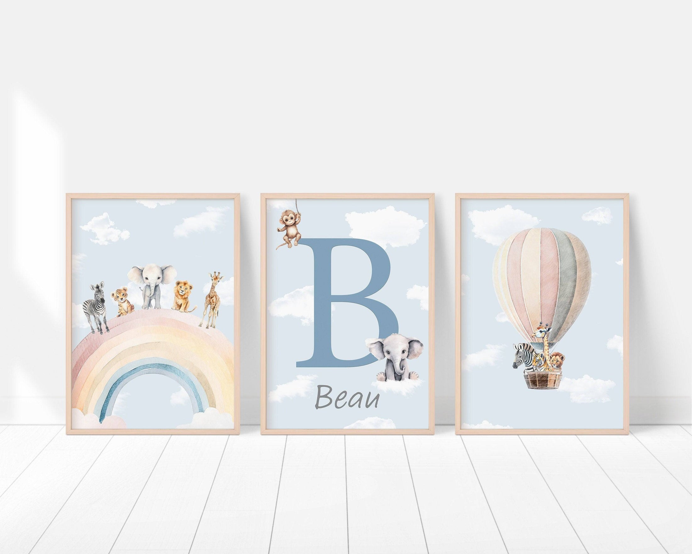 Personalised Safari Name Prints | Hot Air Balloon & Rainbow | Set of 3 Baby Boy Decor - RoseRowanDesign