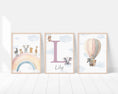 Load image into Gallery viewer, Personalised Safari Name Prints | Hot Air Balloon & Rainbow | Set of 3 Baby Boy Decor - RoseRowanDesign
