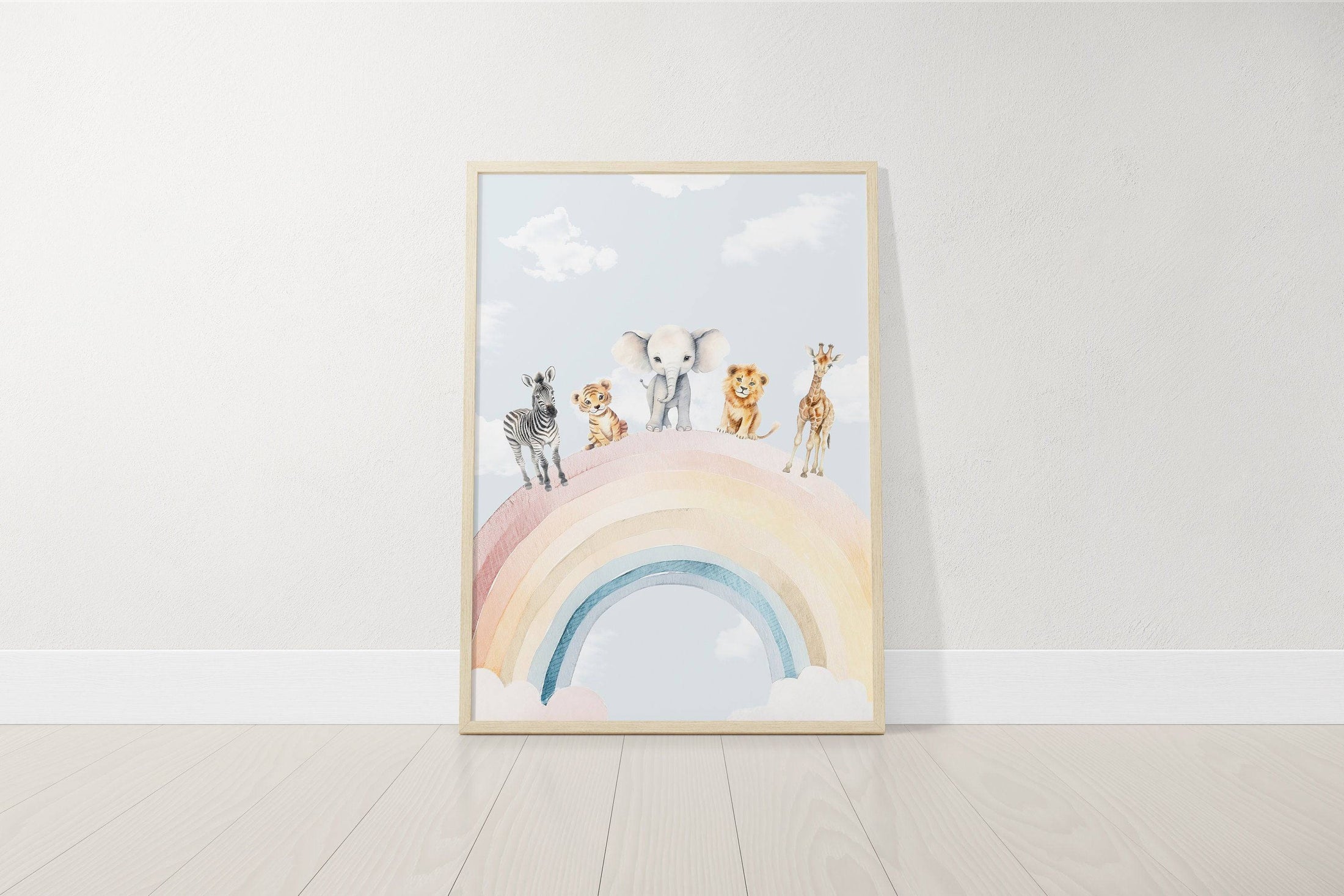 Personalised Safari Name Prints | Hot Air Balloon & Rainbow | Set of 3 Baby Boy Decor - RoseRowanDesign
