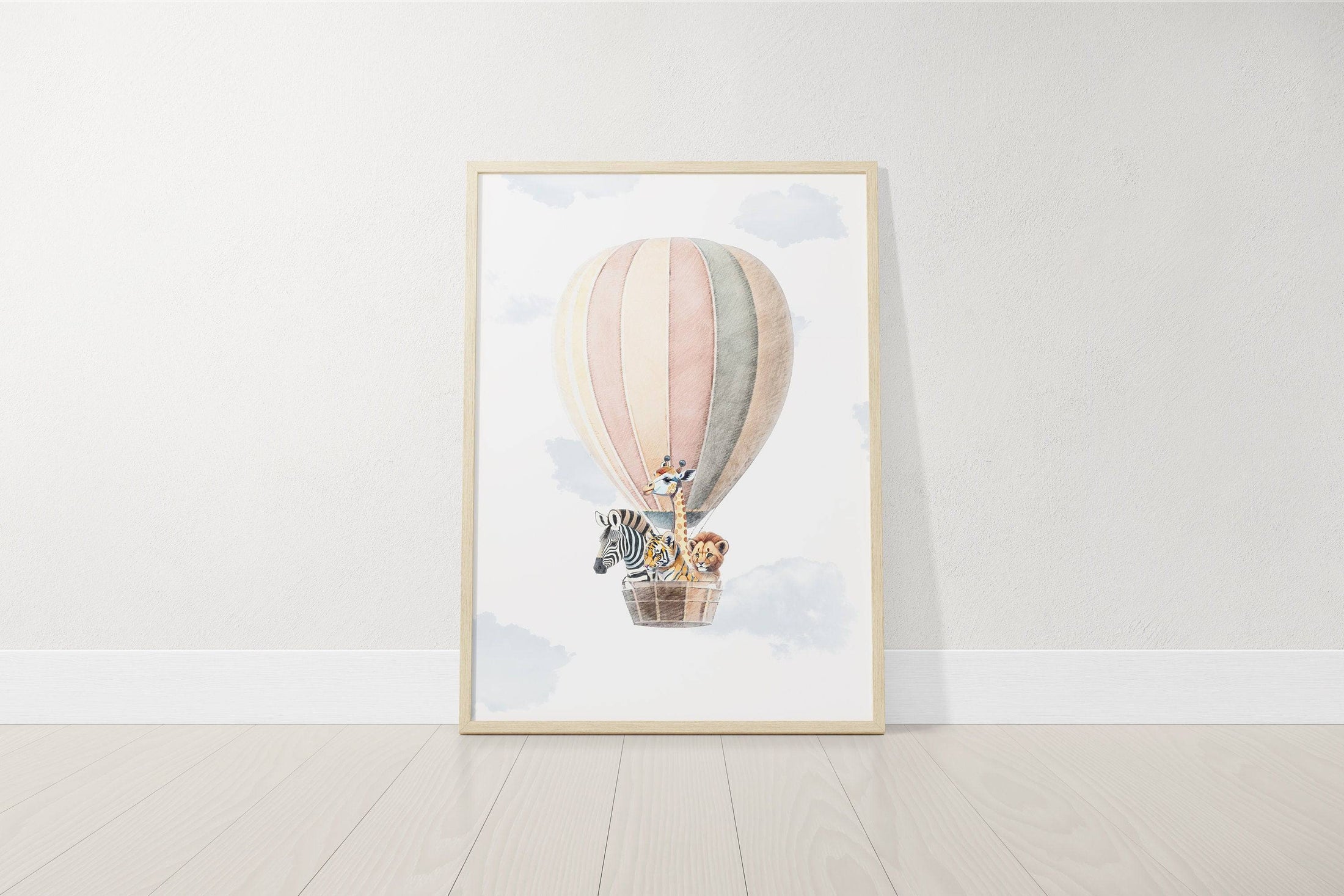 Personalised Safari Name Prints | Hot Air Balloon & Rainbow | Set of 3 Baby Boy Decor - RoseRowanDesign
