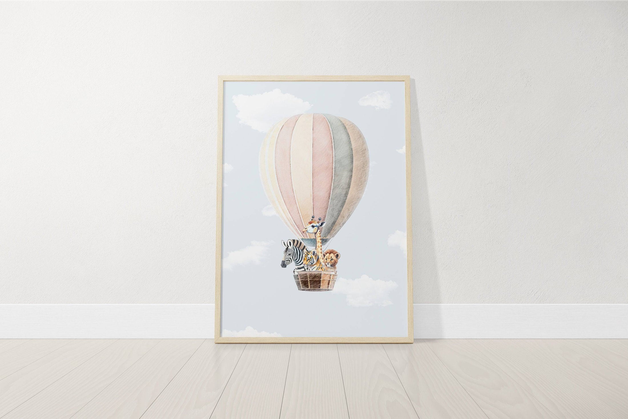 Personalised Safari Name Prints | Hot Air Balloon & Rainbow | Set of 3 Baby Boy Decor - RoseRowanDesign