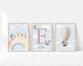 Load image into Gallery viewer, Personalised Safari Name Prints | Hot Air Balloon & Rainbow | Set of 3 Baby Boy Decor - RoseRowanDesign
