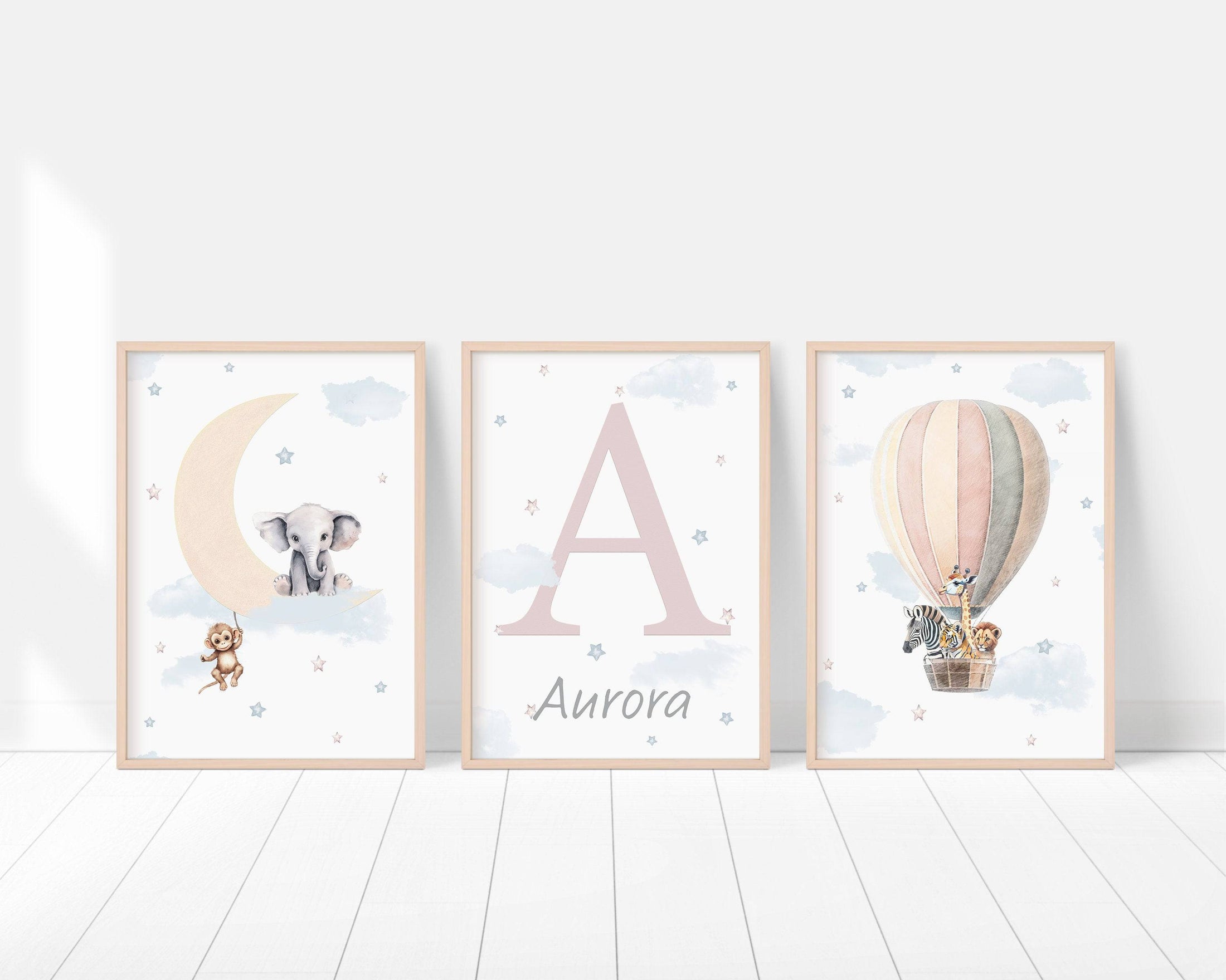 Personalised Safari Nursery Prints | Hot Air Balloon & Moon | Baby Boy Decor - RoseRowanDesign