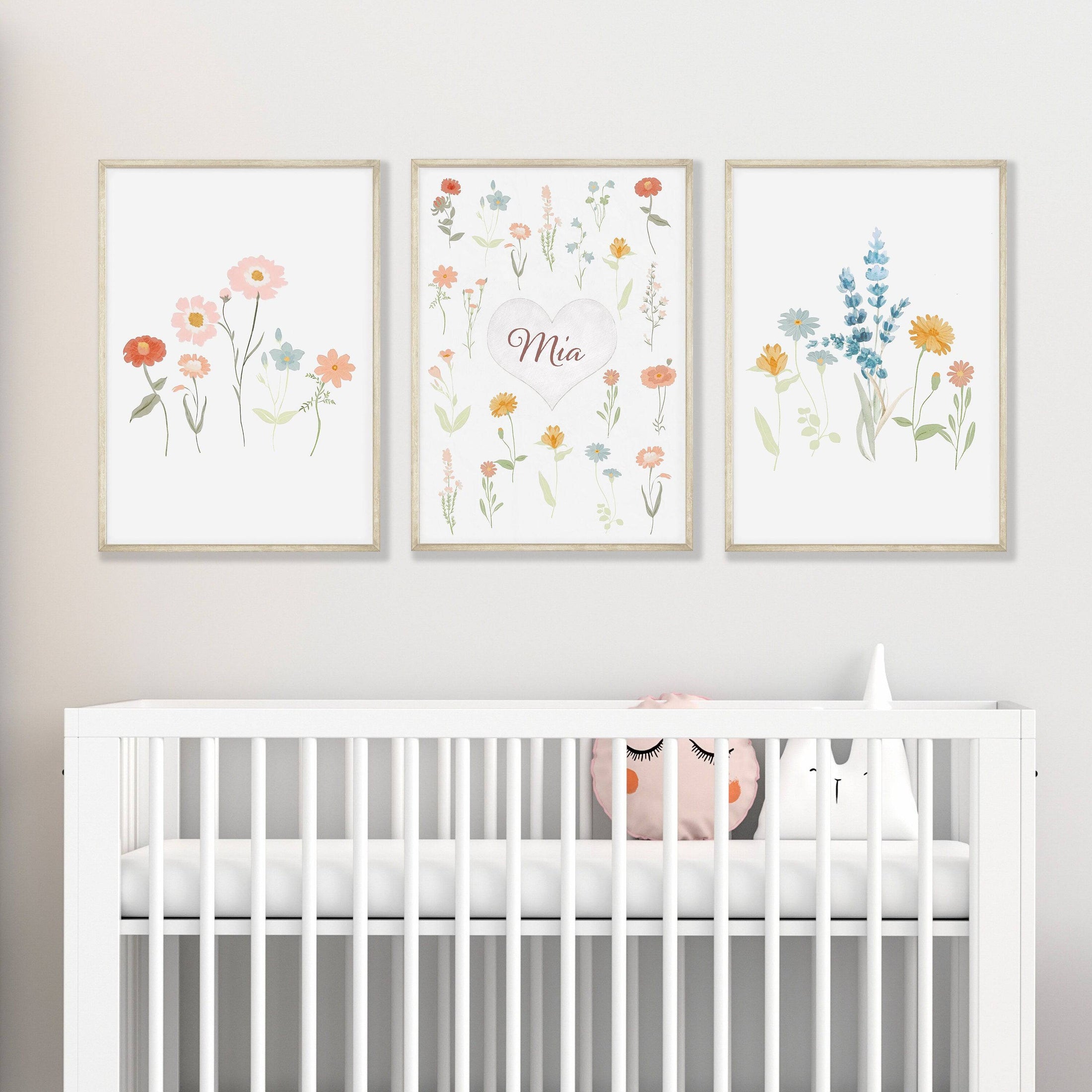Personalised Wildflower Prints | Set of 3 Floral Nursery Art | Boho Baby Girls Decor - RoseRowanDesign
