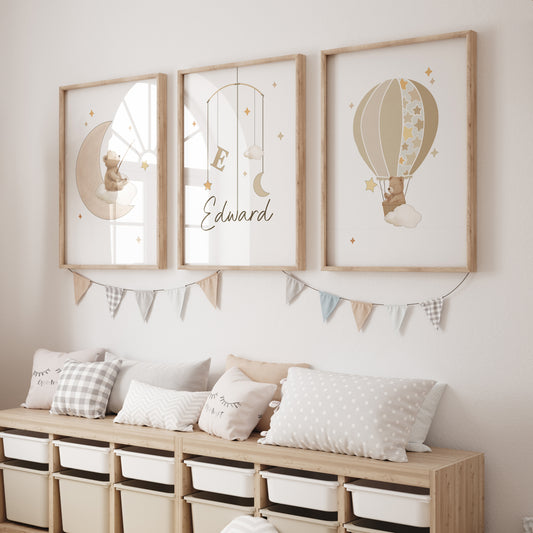 Beige Personalised Set of 3 Bear Prints | Wall Art for Nursery, Bedroom or Playroom - RoseRowanDesign