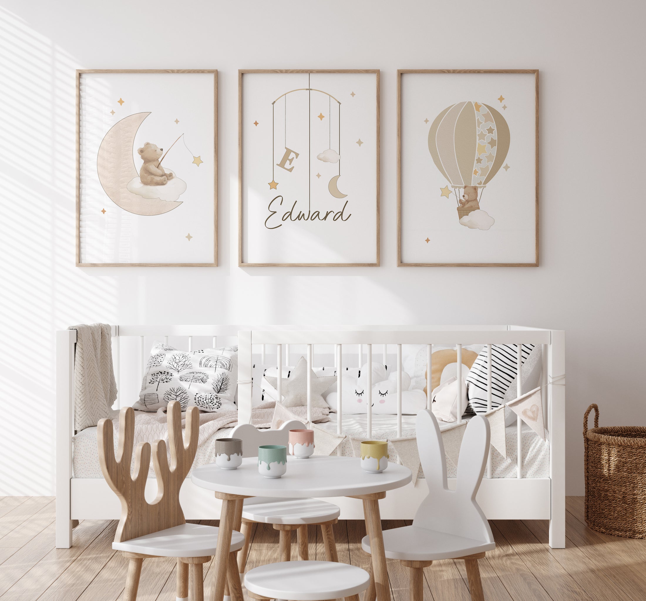 Beige Personalised Set of 3 Bear Prints | Wall Art for Nursery, Bedroom or Playroom - RoseRowanDesign