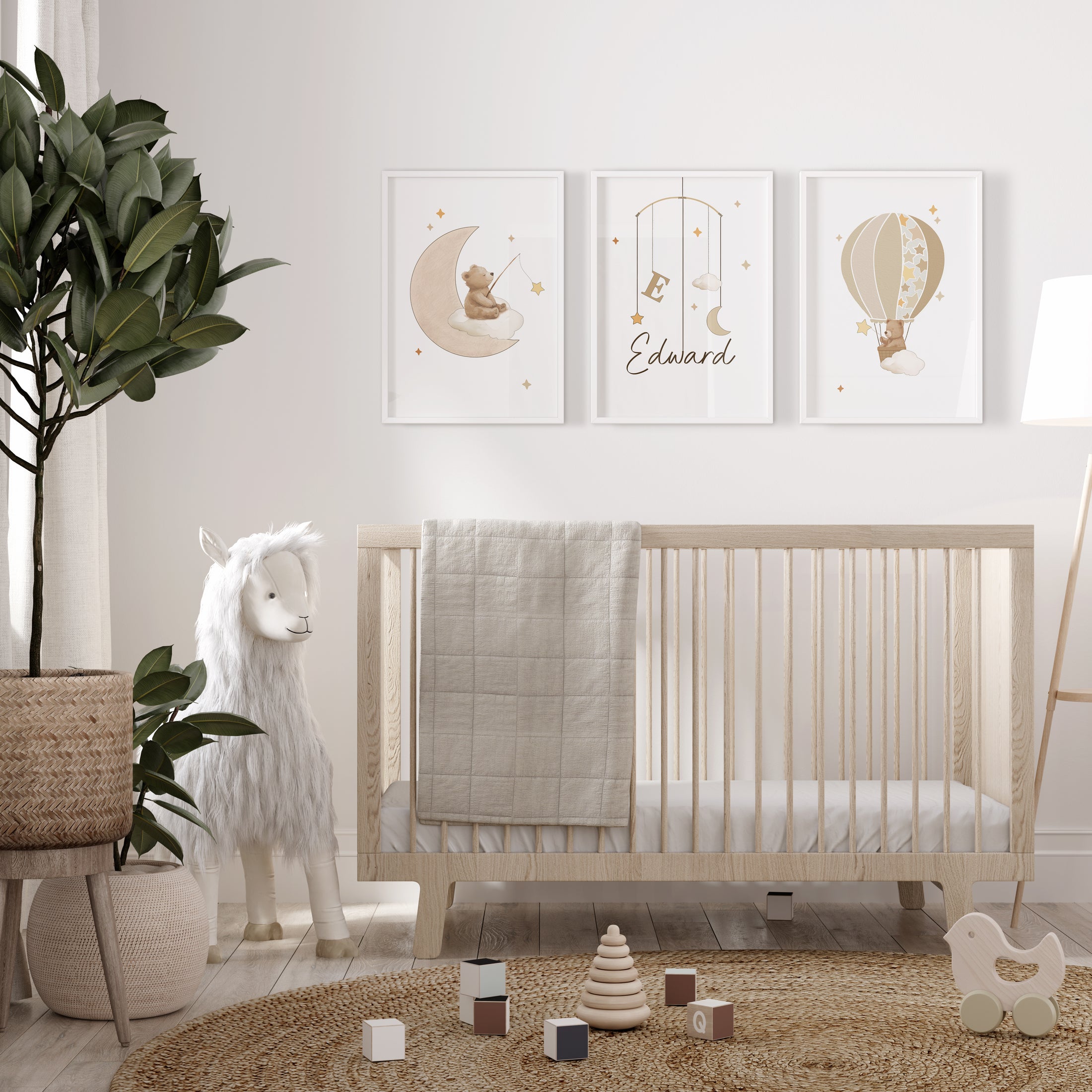 Beige Personalised Set of 3 Bear Prints | Wall Art for Nursery, Bedroom or Playroom - RoseRowanDesign