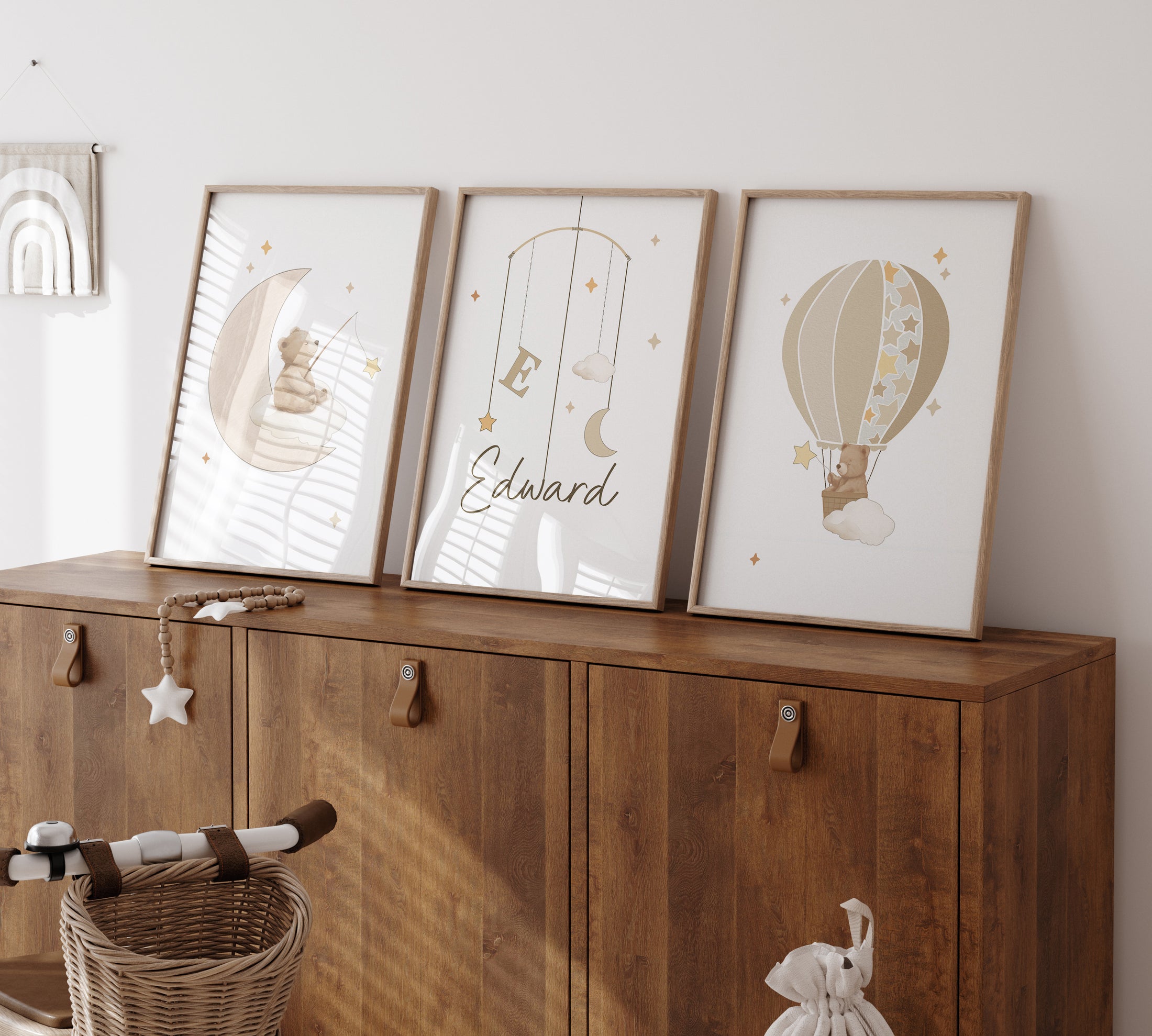 Beige Personalised Set of 3 Bear Prints | Wall Art for Nursery, Bedroom or Playroom - RoseRowanDesign