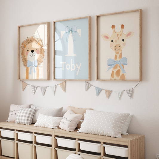 Safari Animal Personalised Set of 3 Wall Prints | Wall Art for Nursery, Bedroom or Playroom - RoseRowanDesign