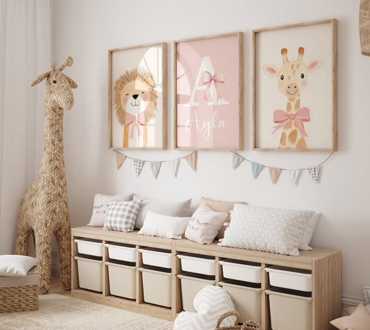 Safari Animal Personalised Set of 3 Wall Prints | Wall Art for Nursery, Bedroom or Playroom - RoseRowanDesign