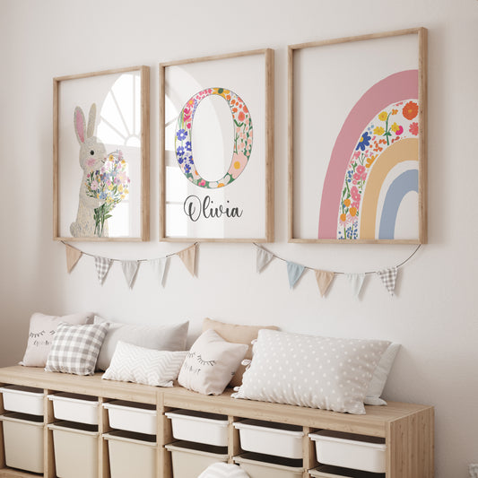 Bunny Personalised Set of 3 Girls Prints | Wall Art for Nursery, Bedroom or Playroom - RoseRowanDesign