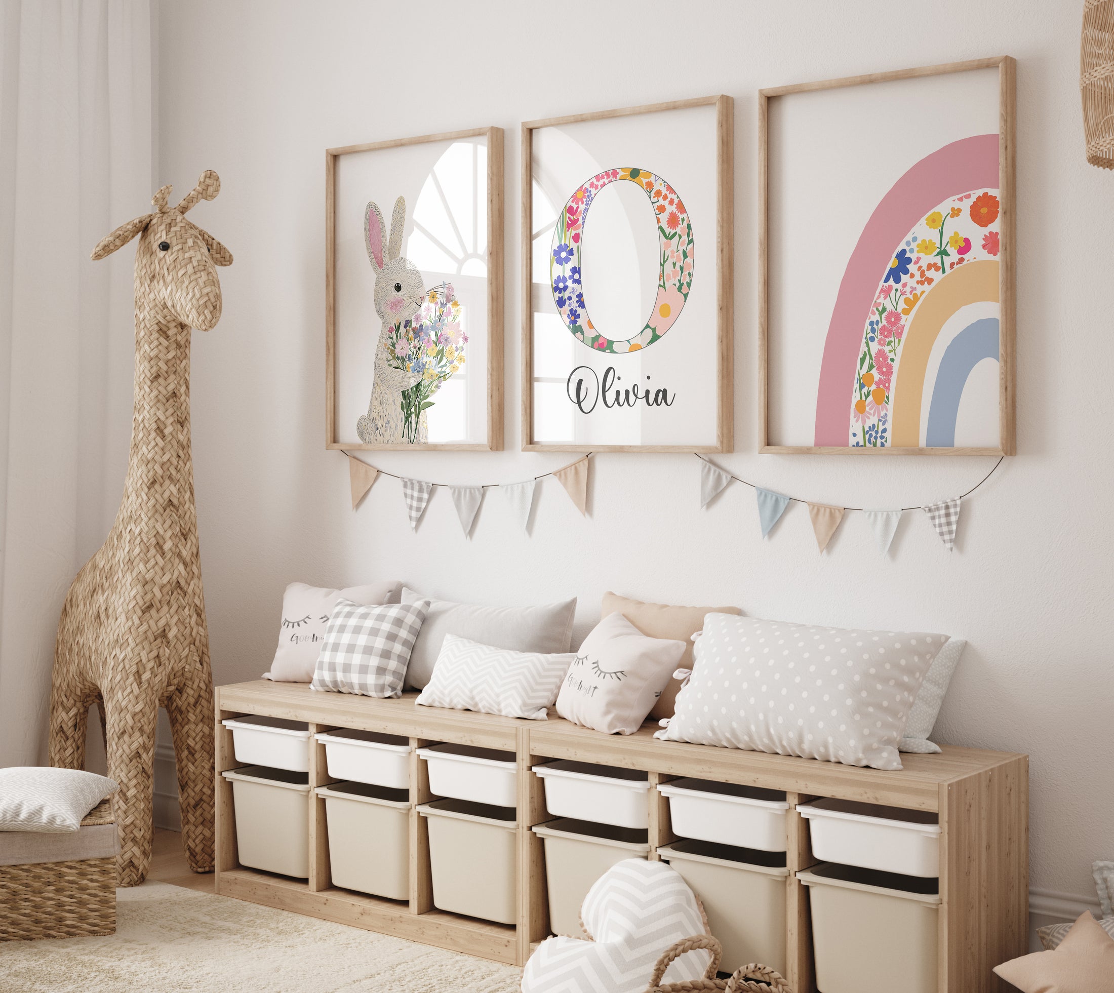 Bunny Personalised Set of 3 Girls Prints | Wall Art for Nursery, Bedroom or Playroom - RoseRowanDesign