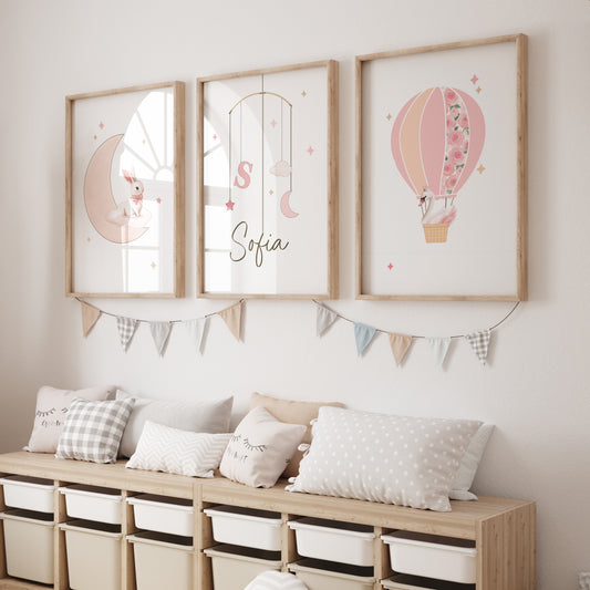 Bunny Personalised Set of 3 Wall Prints | Wall Art for Nursery, Bedroom or Playroom - RoseRowanDesign