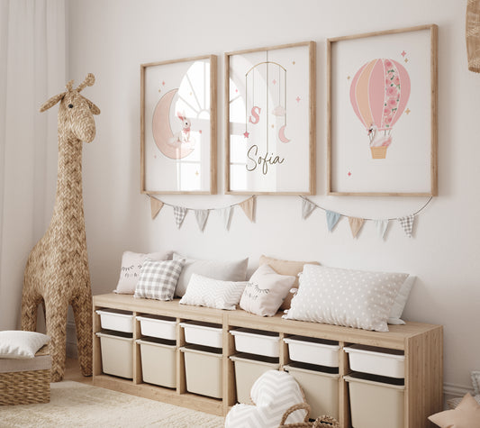 Bunny Personalised Set of 3 Wall Prints | Wall Art for Nursery, Bedroom or Playroom - RoseRowanDesign