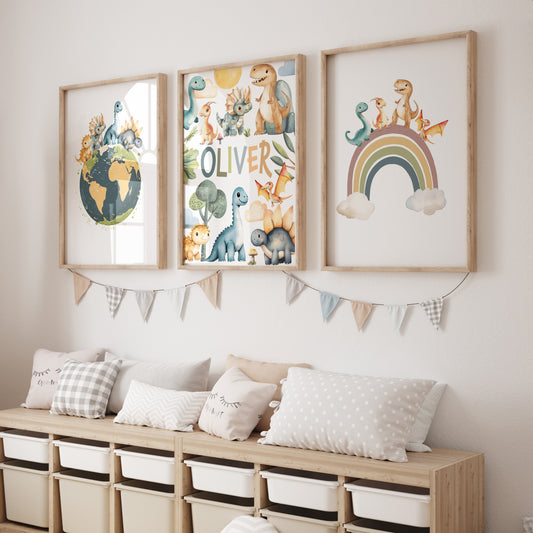 Dinosaur Personalised Set of 3 Wall Prints | Wall Art for Nursery, Bedroom or Playroom - RoseRowanDesign