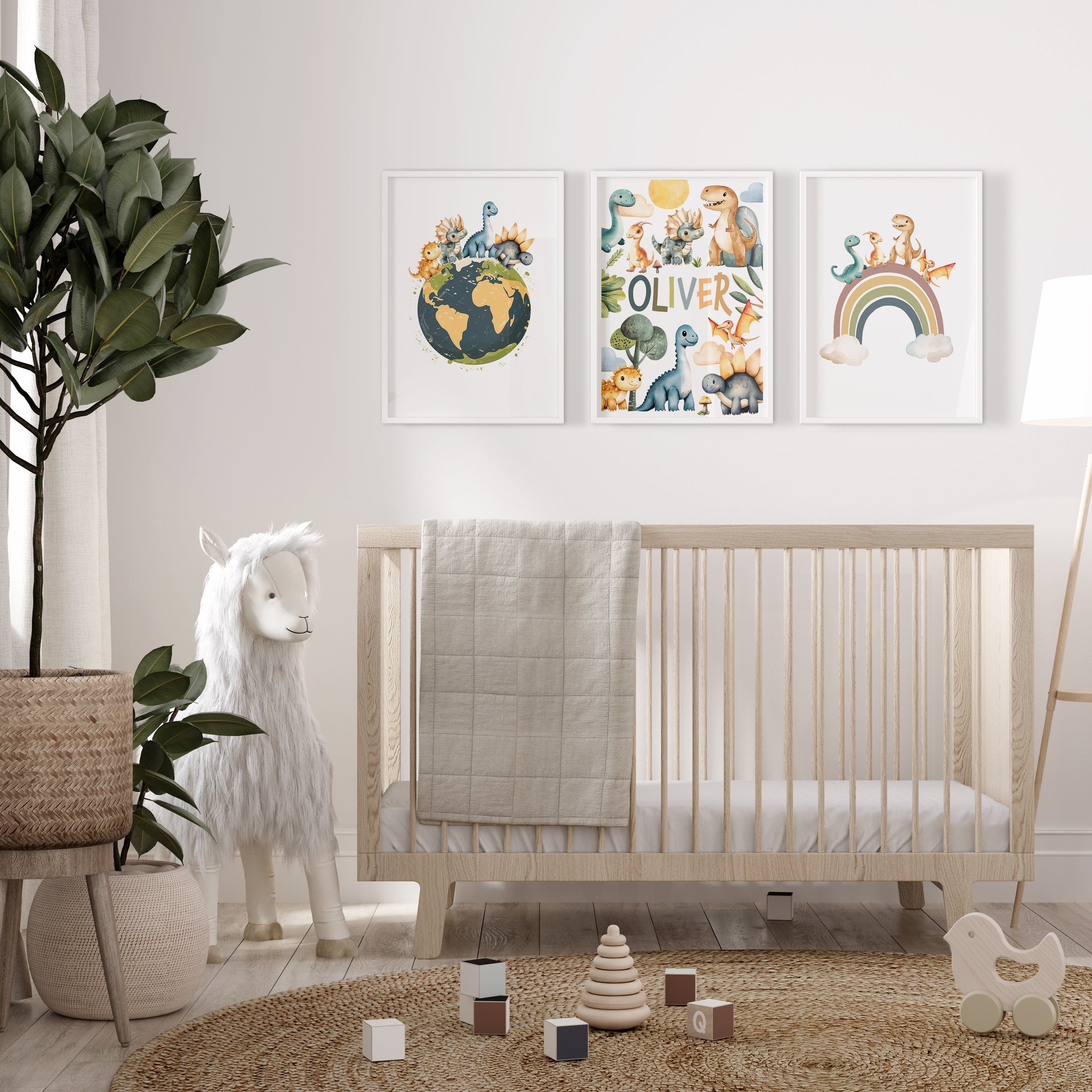 Dinosaur Personalised Set of 3 Wall Prints | Wall Art for Nursery, Bedroom or Playroom - RoseRowanDesign