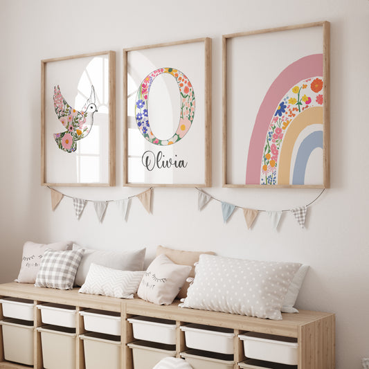 Dove Flower Personalised Set of 3 Girls Prints | Wall Art for Nursery, Bedroom or Playroom - RoseRowanDesign