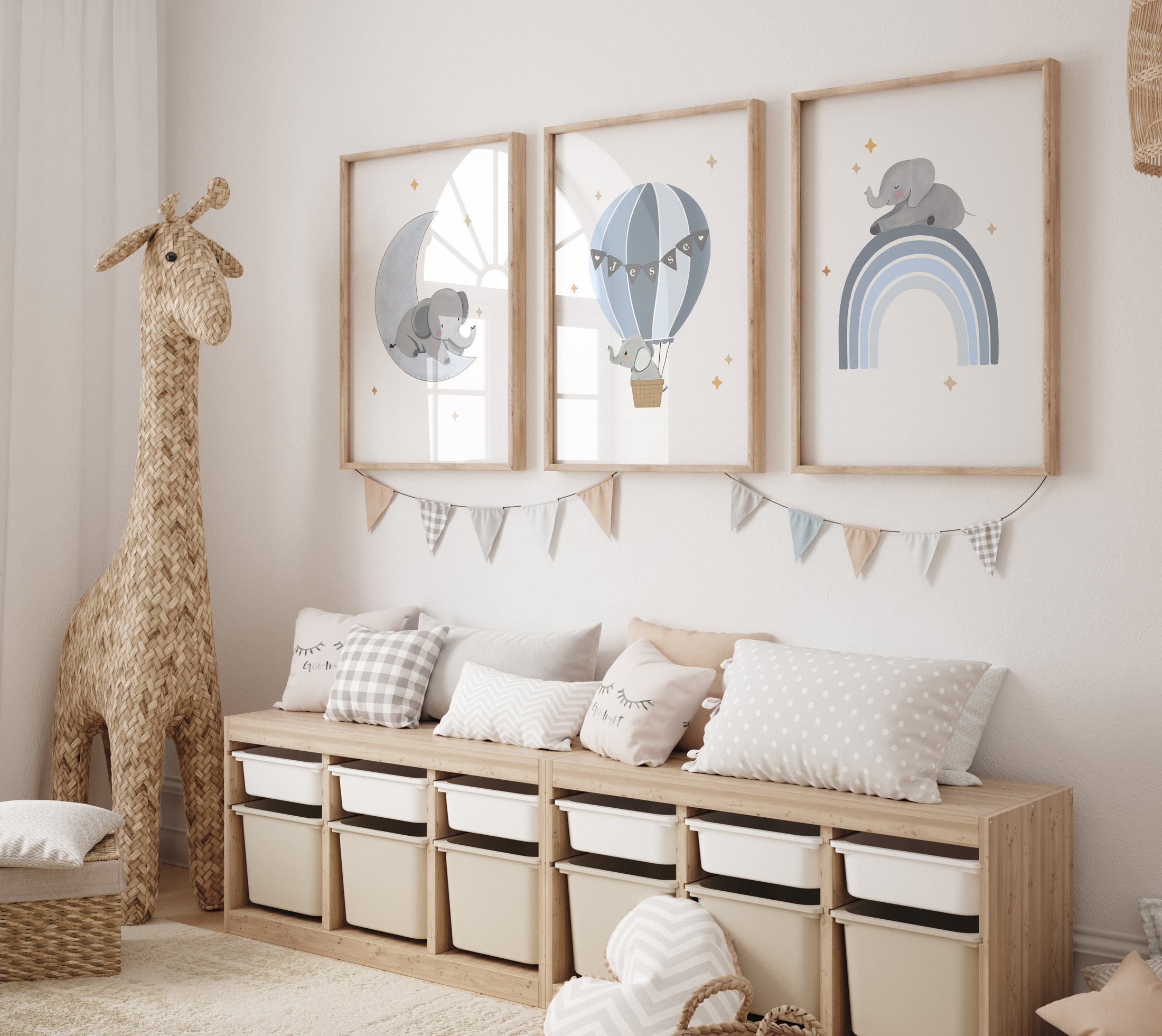 Elephant Hot Air Balloon Personalised Set of 3 Wall Prints | Wall Art for Nursery, Bedroom or Playroom - RoseRowanDesign