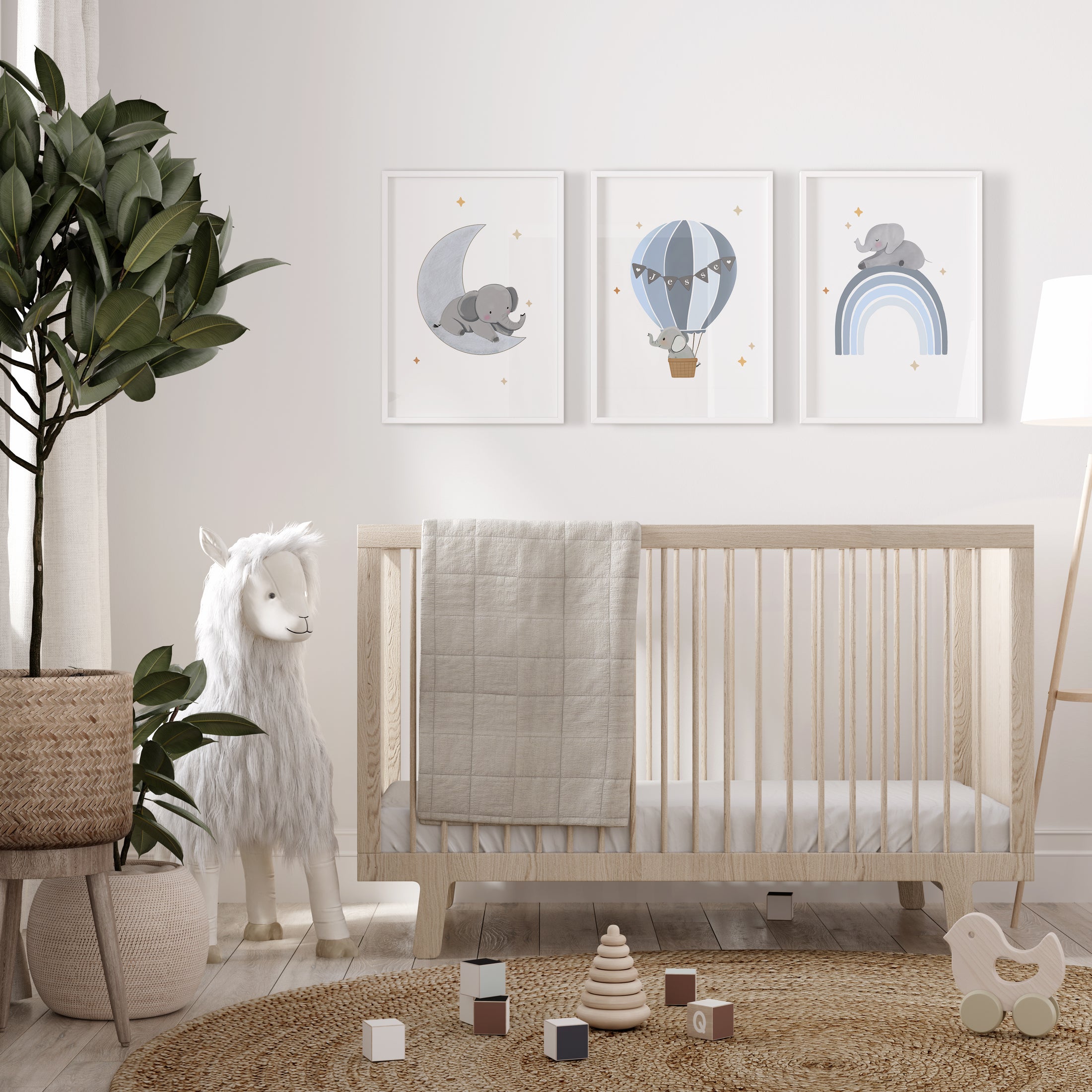 Elephant Hot Air Balloon Personalised Set of 3 Wall Prints | Wall Art for Nursery, Bedroom or Playroom - RoseRowanDesign