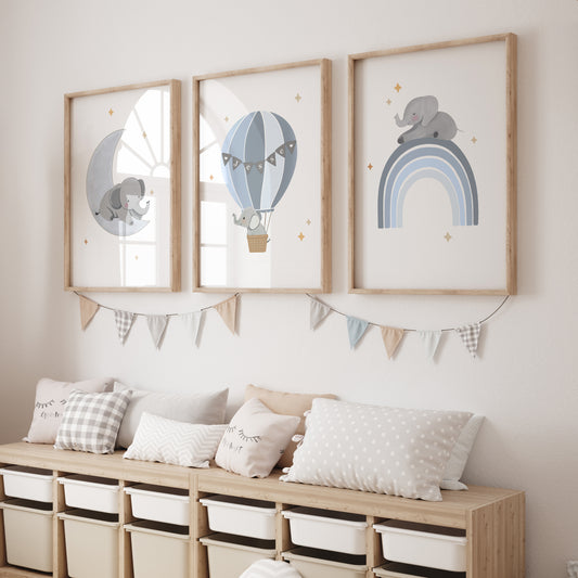 Elephant Hot Air Balloon Personalised Set of 3 Wall Prints | Wall Art for Nursery, Bedroom or Playroom - RoseRowanDesign