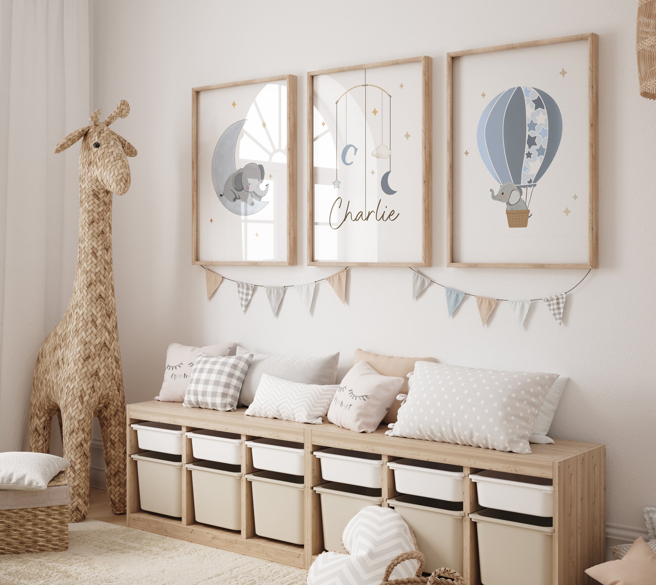 Elephant Personalised Set of 3 Wall Prints | Wall Art for Nursery, Bedroom or Playroom - RoseRowanDesign