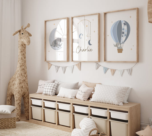 Elephant Personalised Set of 3 Wall Prints | Wall Art for Nursery, Bedroom or Playroom - RoseRowanDesign