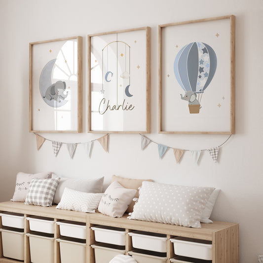 Elephant Personalised Set of 3 Wall Prints | Wall Art for Nursery, Bedroom or Playroom - RoseRowanDesign