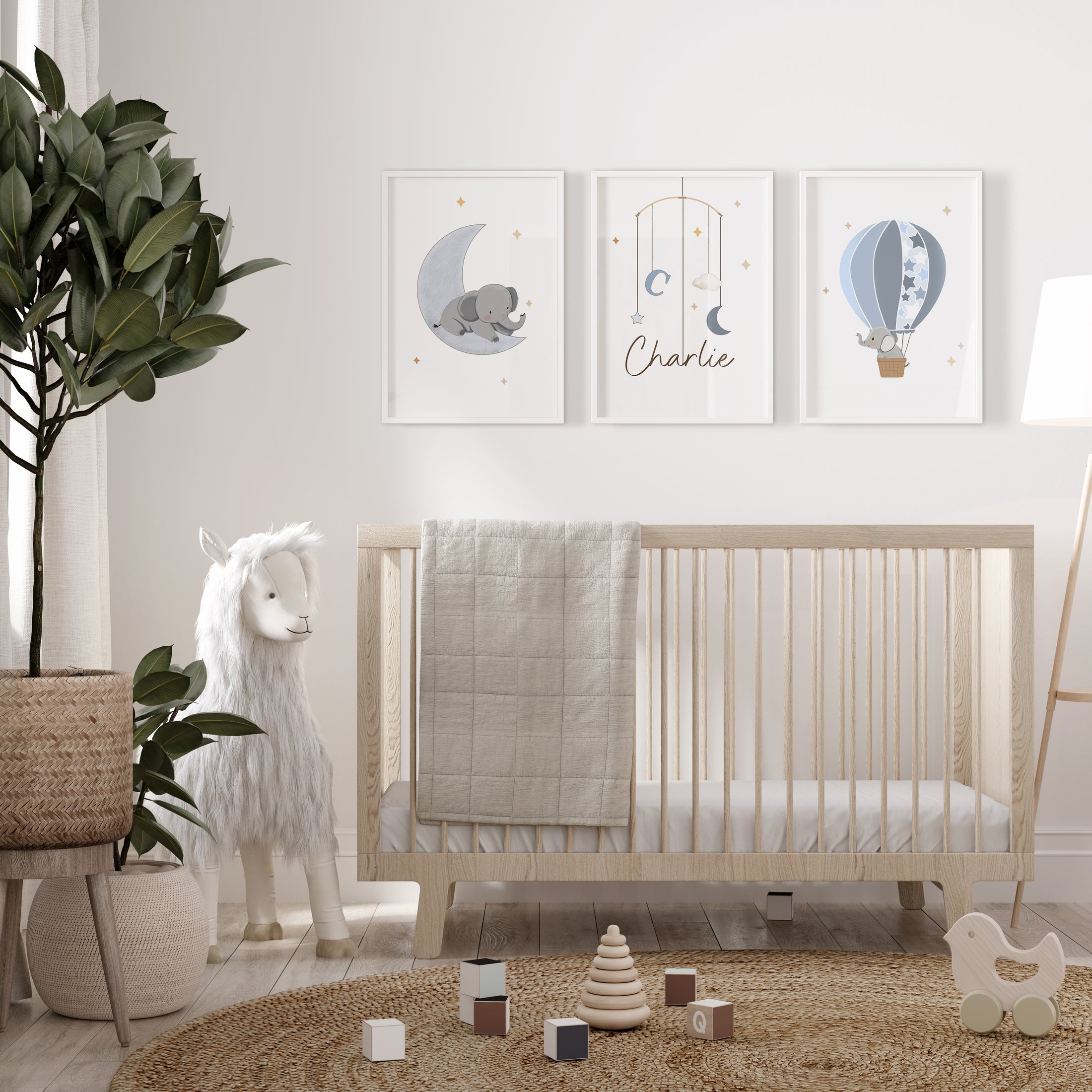 Elephant Personalised Set of 3 Wall Prints | Wall Art for Nursery, Bedroom or Playroom - RoseRowanDesign