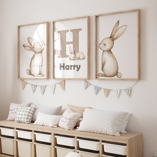 Personalised Set of 3 Bunny Prints | Wall Art for Nursery, Bedroom or Playroom - RoseRowanDesign