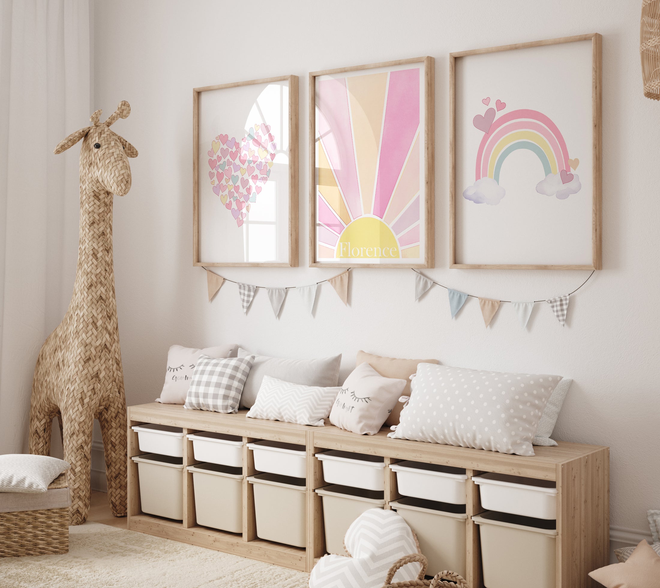 Girls Personalised Rainbow Set of 3 Wall Prints | Wall Art for Nursery, Bedroom or Playroom - RoseRowanDesign