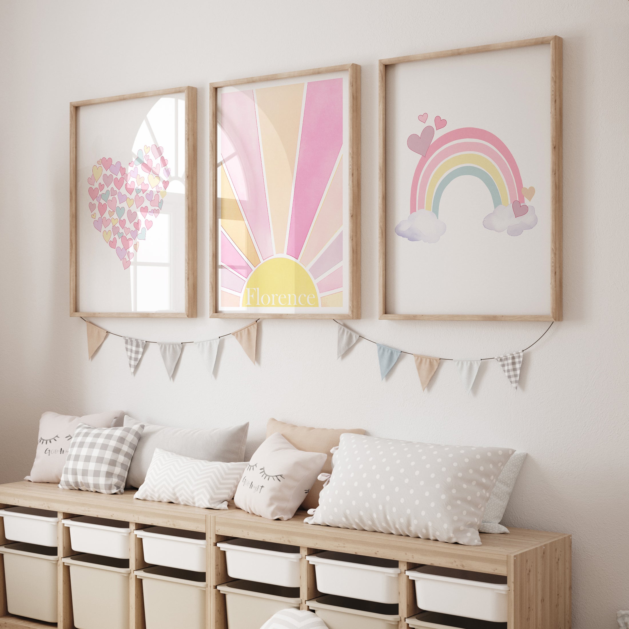 Girls Personalised Rainbow Set of 3 Wall Prints | Wall Art for Nursery, Bedroom or Playroom - RoseRowanDesign