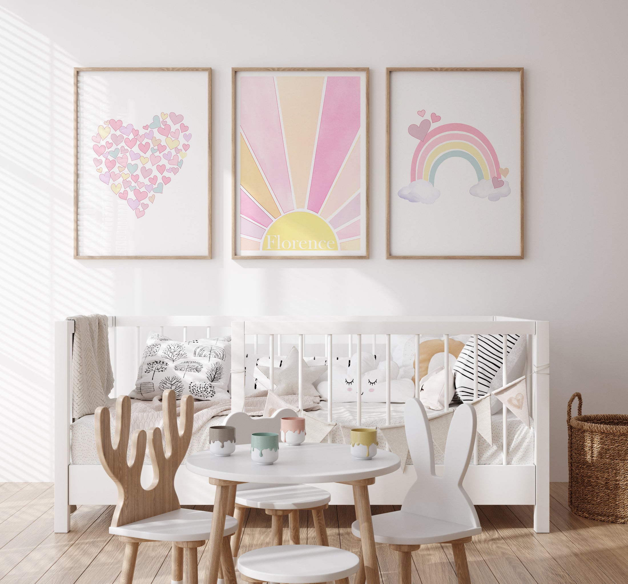 Girls Personalised Rainbow Set of 3 Wall Prints | Wall Art for Nursery, Bedroom or Playroom - RoseRowanDesign