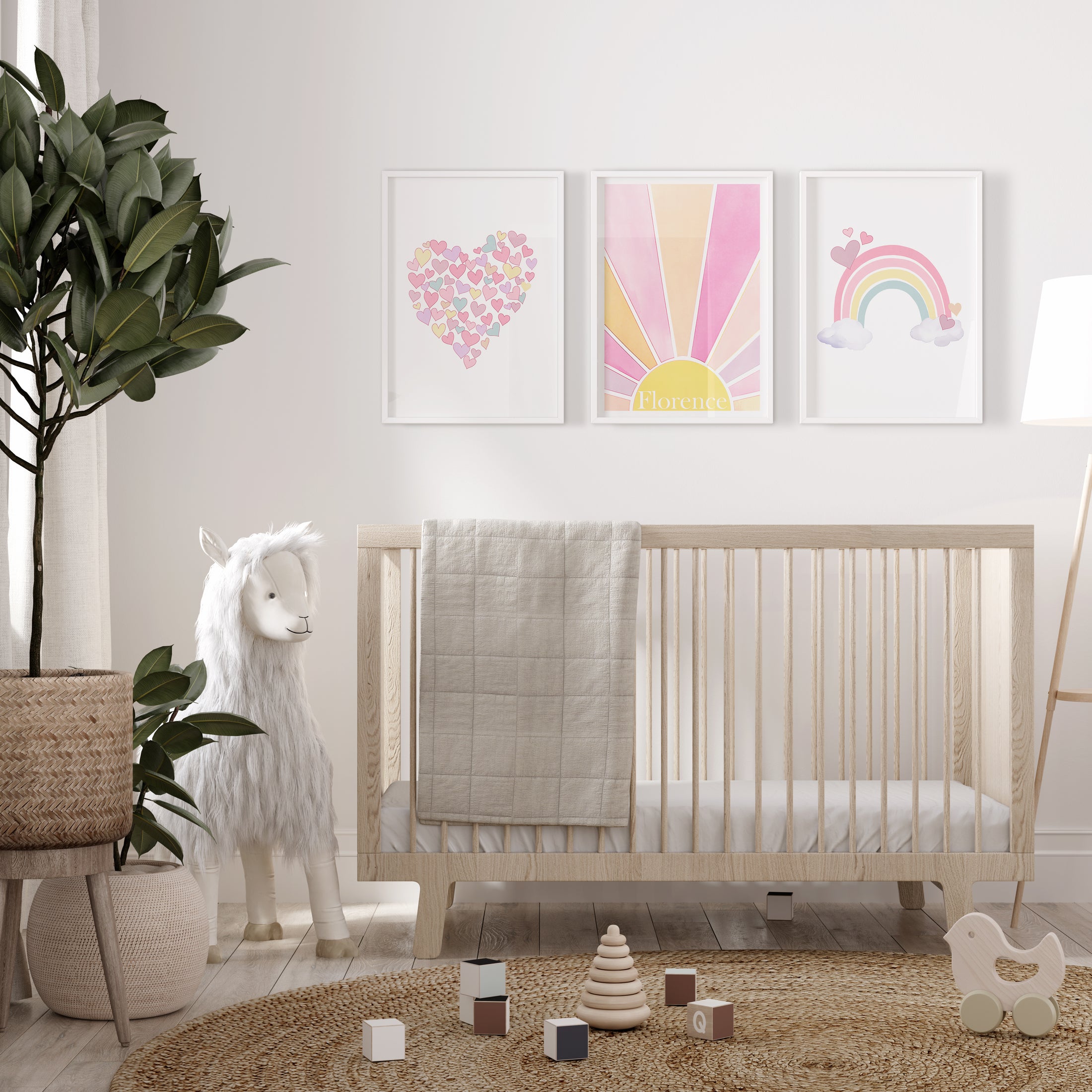 Girls Personalised Rainbow Set of 3 Wall Prints | Wall Art for Nursery, Bedroom or Playroom - RoseRowanDesign