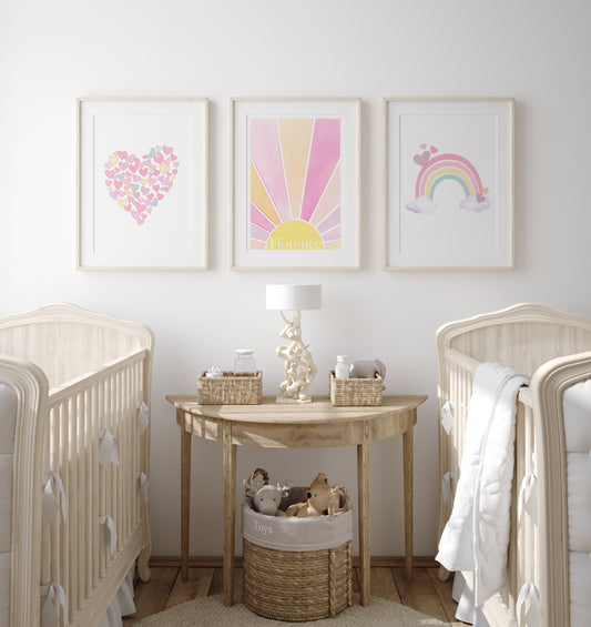 Girls Personalised Rainbow Set of 3 Wall Prints | Wall Art for Nursery, Bedroom or Playroom - RoseRowanDesign