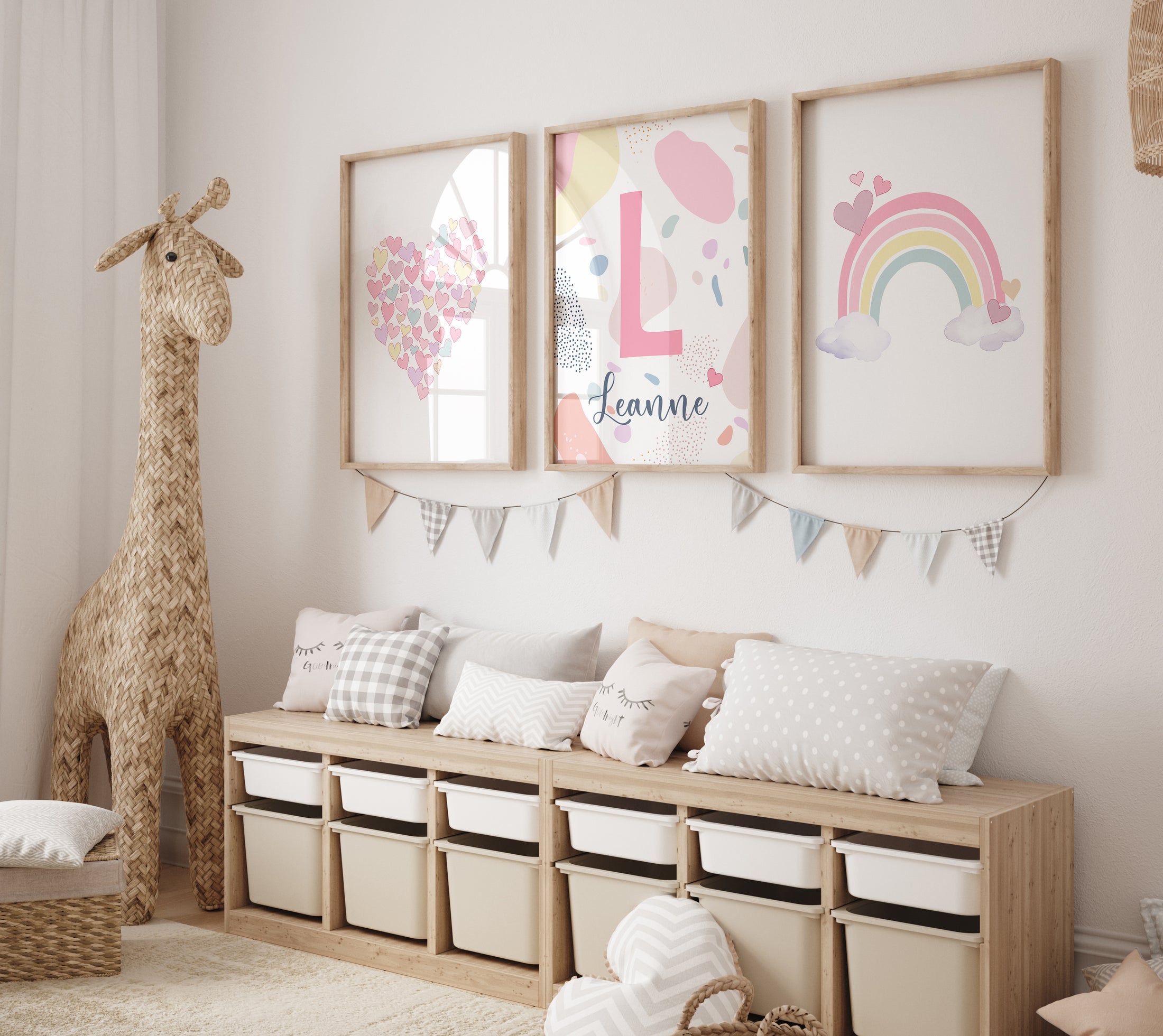 Girls Personalised Set of 3 Pink Pastel Wall Prints | Wall Art for Nursery, Bedroom or Playroom - RoseRowanDesign
