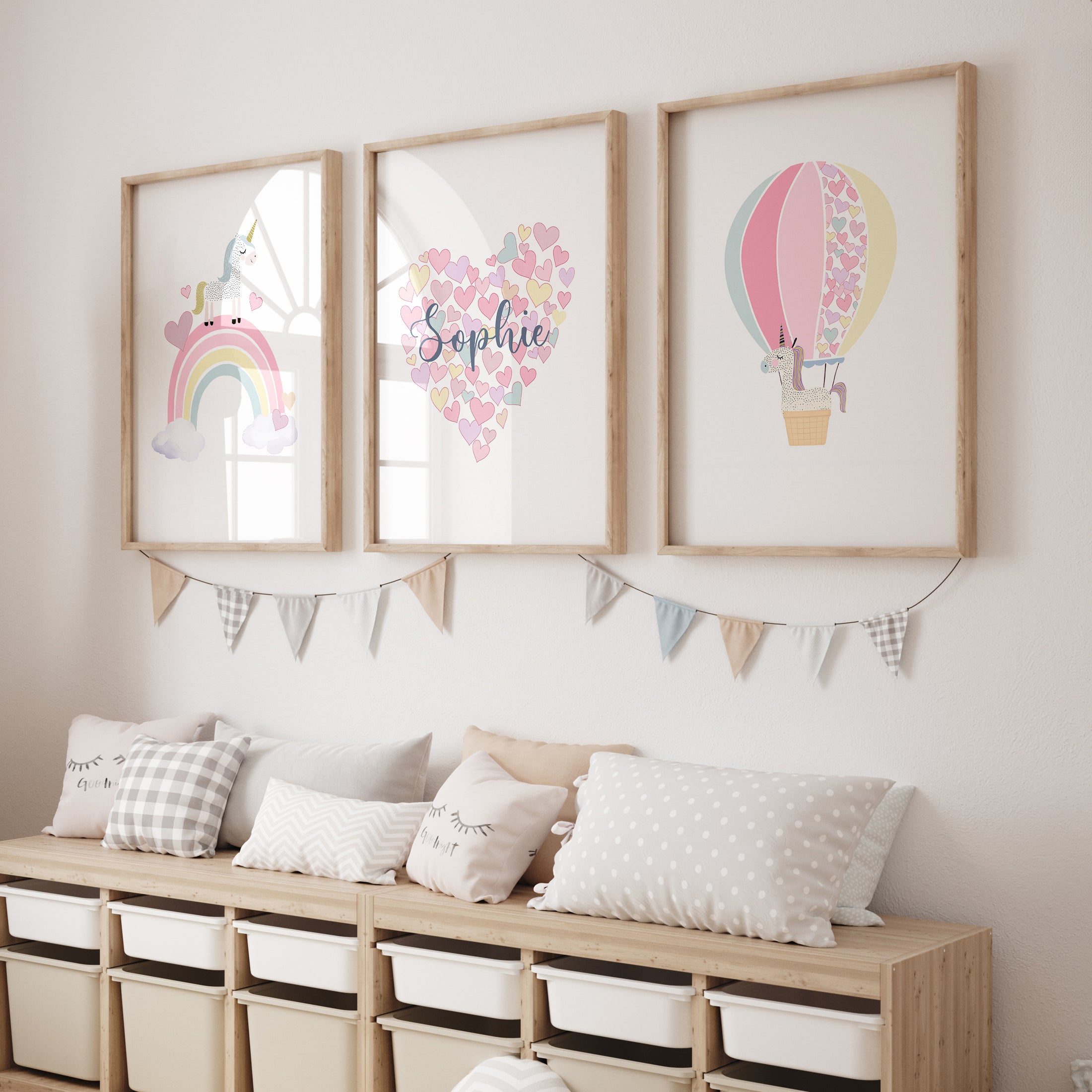 Girls Unicorn Personalised Set of 3 Wall Prints | Wall Art for Nursery, Bedroom or Playroom - RoseRowanDesign