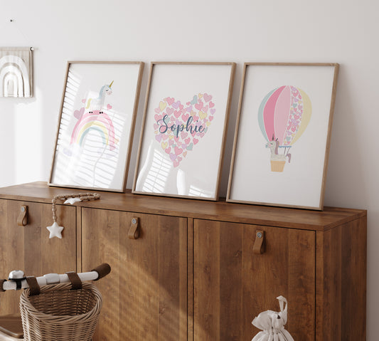 Girls Unicorn Personalised Set of 3 Wall Prints | Wall Art for Nursery, Bedroom or Playroom - RoseRowanDesign