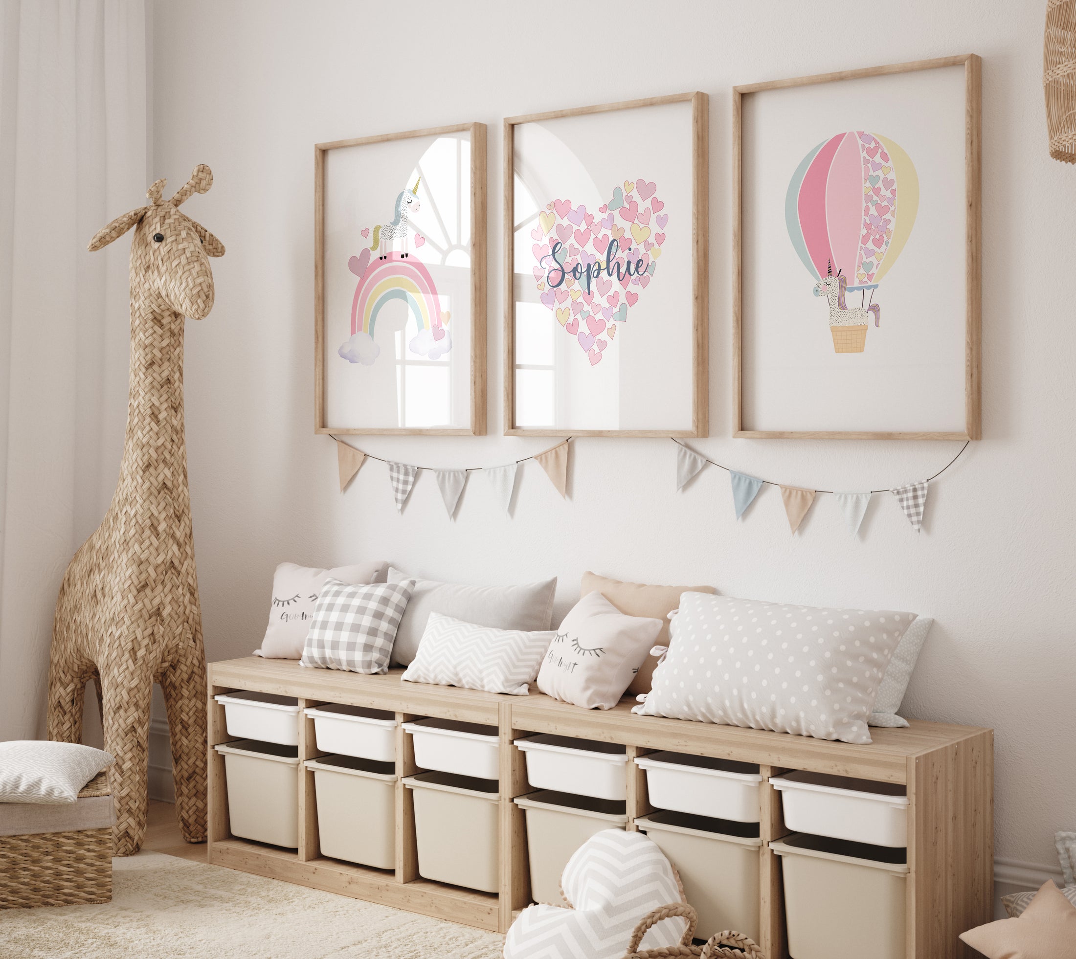 Girls Unicorn Personalised Set of 3 Wall Prints | Wall Art for Nursery, Bedroom or Playroom - RoseRowanDesign
